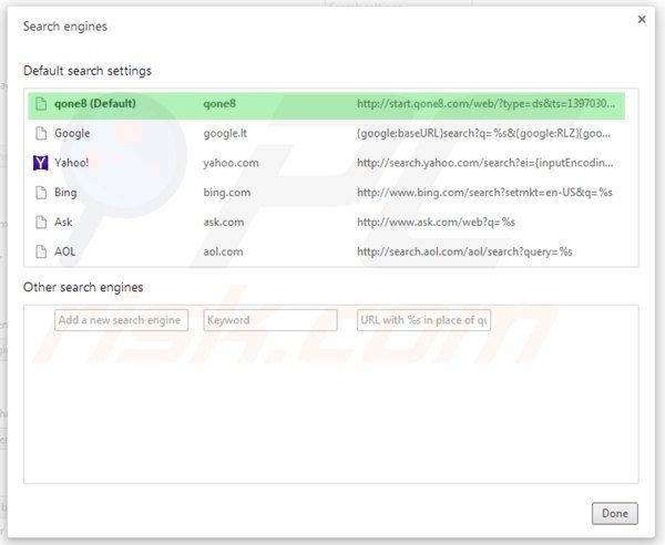 Eliminado start.qone8.com del motor de búsqueda predeterminado en Google Chrome
