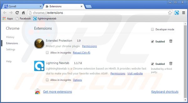 Eliminando las extensiones vinculadas a qone8.com en Google Chrome
