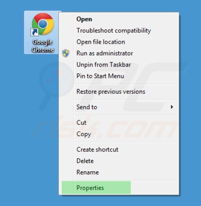 Eliminar start.qone8.com del destino del acceso directo de Google Chrome paso 1