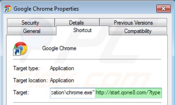 Eliminar start.qone8.com del destino del acceso directo de Google Chrome paso 2