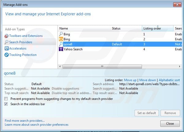 Eliminar start.qone8.com del motor de búsqueda por defecto de Internet Explorer
