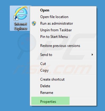 Eliminar start.qone8.com del destino del acceso directo de Internet Explorer paso 1
