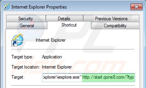 Eliminar start.qone8.com del destino del acceso directo de Internet Explorer paso 2