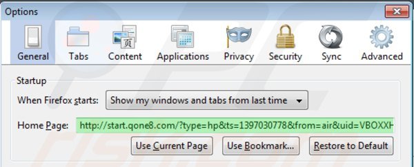 Eliminando start.qone8.com de la página de inicio de Mozilla Firefox