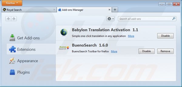 Eliminando la barra royal search de las extensiones de Mozilla Firefox