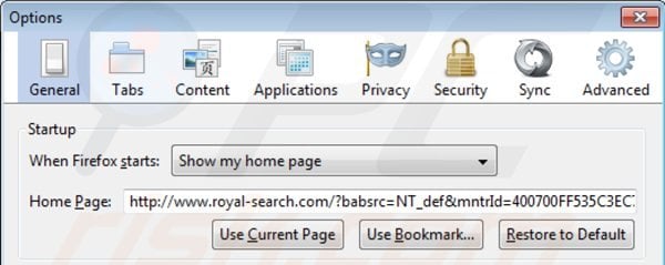 Eliminando royal-search.com de la página de inicio de Mozilla Firefox