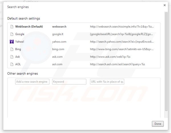 Eliminando websearch.searchissimple.info del motor de búsqueda por defecto de Google Chrome