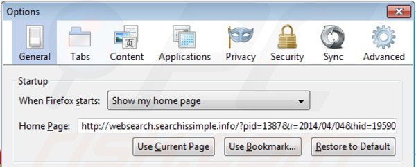 Eliminando websearch.searchissimple.info de la página de inicio de Mozilla Firefox