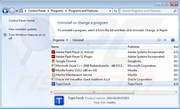 desinstalar topic torch a través del Panel de control