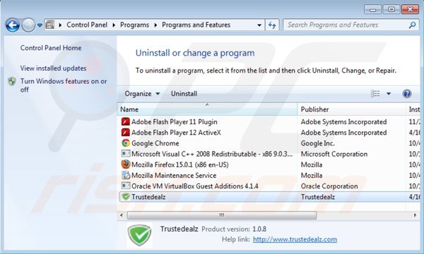 desinstalar trustedealz a través del Panel de control