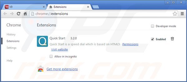 Eliminando las extensiones vinculadas a v9.com en Google Chrome