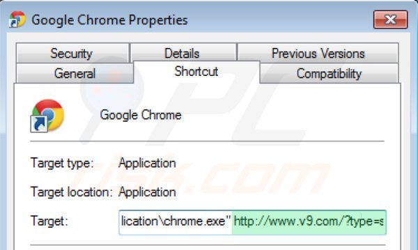Eliminar v9.com del destino del acceso directo de Google Chrome paso 2