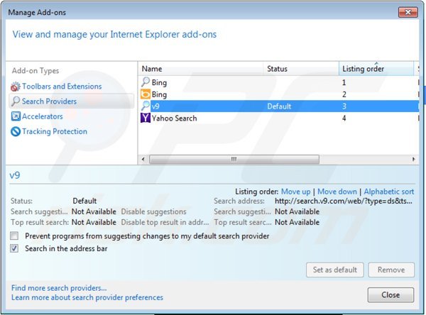 Eliminar v9.com del motor de búsqueda por defecto de Internet Explorer