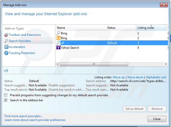 Eliminar v9.com del motor de búsqueda por defecto de Internet Explorer