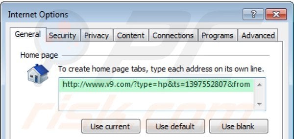 Eliminando v9.com de la página de inicio de Internet Explorer