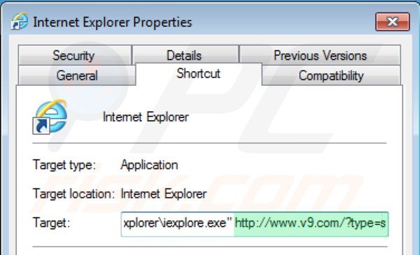 Eliminar v9.com del destino del acceso directo de Internet Explorer paso 2