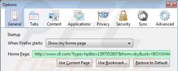 Eliminando v9.com de la página de inicio de Mozilla Firefox