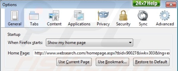 Eliminando websearch.com de la página de inicio de Mozilla Firefox