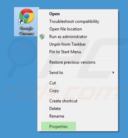 Eliminar istart.webssearches.com del destino del acceso directo de Google Chrome paso 1