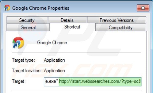 Eliminar istart.webssearches.com del destino del acceso directo de Google Chrome paso 2