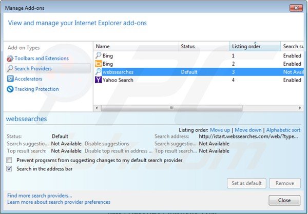 Eliminar istart.webssearches.com de la configuración del motor de búsqueda por defecto de Internet Explorer