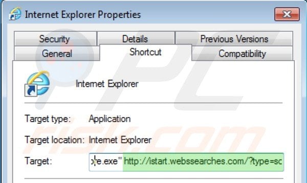 Eliminar istart.webssearches.com del destino del acceso directo de Internet Explorer paso 2