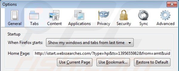 Eliminando istart.webssearches.com de la página de inicio de Mozilla Firefox