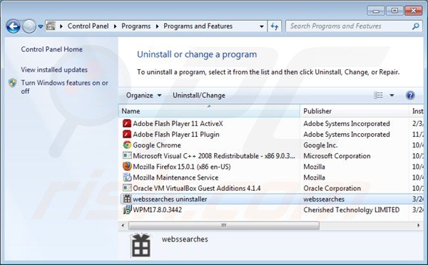 desinstalar webssearches a través del Panel de control
