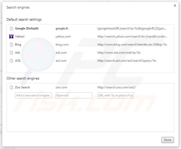 Eliminando isearch.zoo.com de la configuración del motor de búsqueda por defecto de Google Chrome