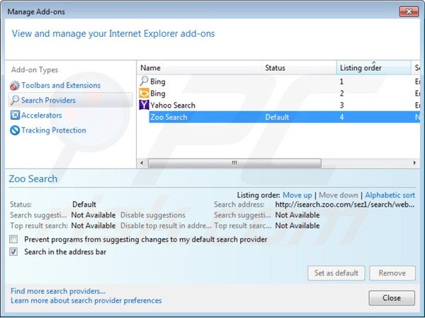 Eliminar isearch.zoo.com del motor de búsqueda por defecto de Internet Explorer