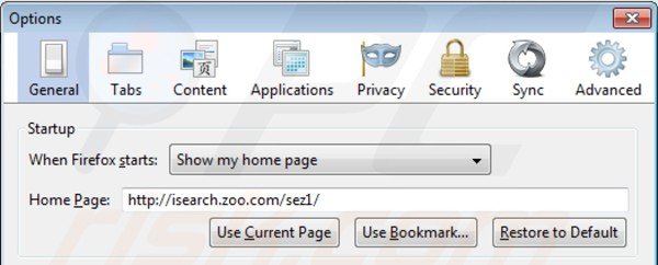 Eliminando isearch.zoo.com de la página de inicio de Mozilla Firefox