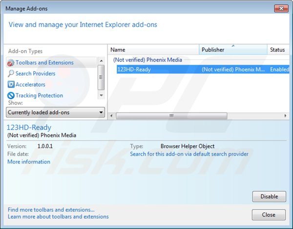 Eliminando 123hd-ready de Internet Explorer paso 2