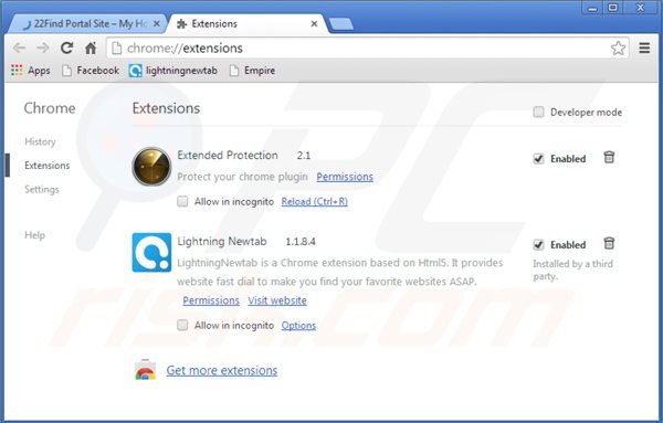 Eliminando 22find.com de las extensiones de Google Chrome