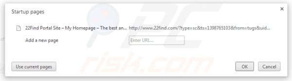 Eliminando 22find.com de la página de inicio de Google Chrome