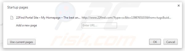 Eliminando 22find.com de la página de inicio de Google Chrome