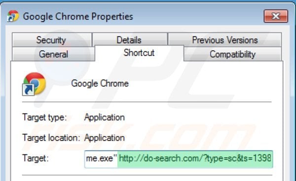 Eliminar 22find.com del destino del acceso directo de Google Chrome paso 2