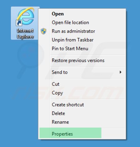 Eliminando 22find.com del destino del acceso directo de Internet Explorer paso 1