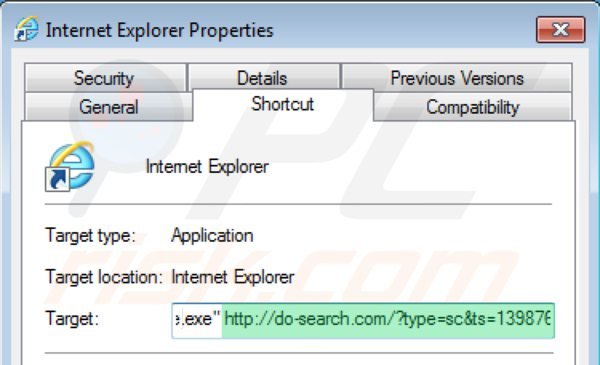 Eliminando 22find.com del destino del acceso directo de Internet Explorer paso 2