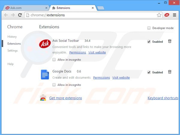 Eliminando ask social toolbar de las extensiones de Google Chrome