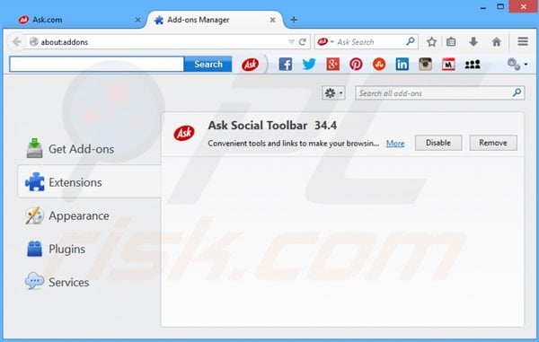 Eliminando ask social toolbar de las extensiones de Mozilla Firefox