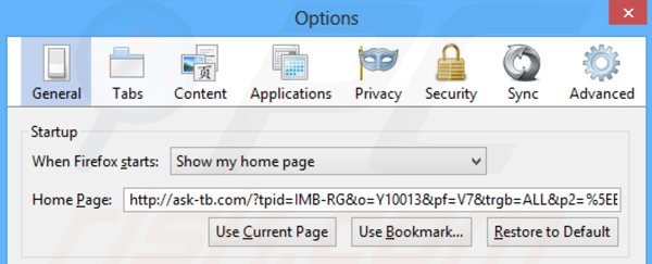 Eliminando ask-tb.com de la página de inicio de Mozilla Firefox