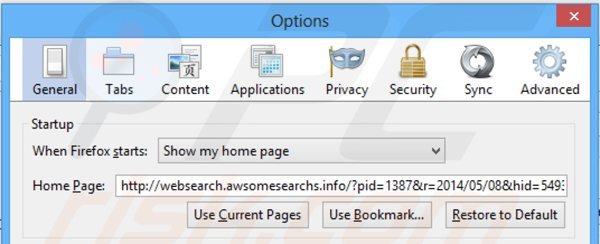 Eliminando websearch.awsomesearchs.info de la página de inicio de Mozilla Firefox
