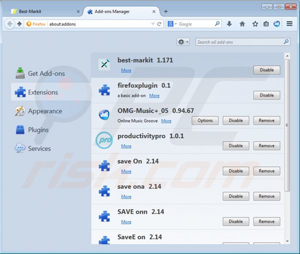 Eliminando los anuncios bestmarkit de Mozilla Firefox paso 2