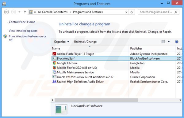 desinstalar el adware block and surf del Panel de control