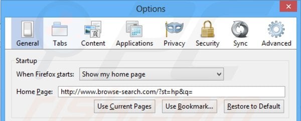 Eliminando browse-search.com de la página de inicio de Mozilla Firefox