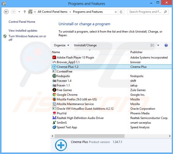 desinstalar el adware cinema-plus del Panel de control