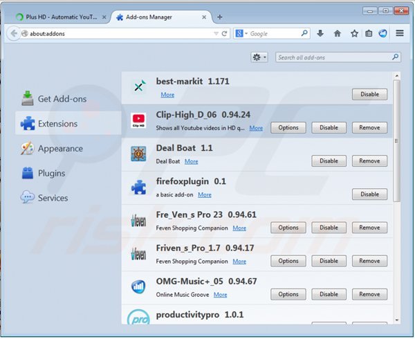 Eliminando los anuncios cliphd de Mozilla Firefox paso 2