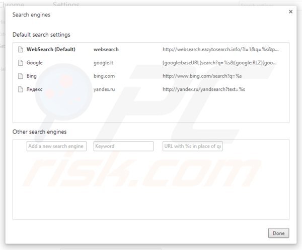 Eliminando websearch.eazytosearch.info del motor de búsqueda por defecto de Google Chrome