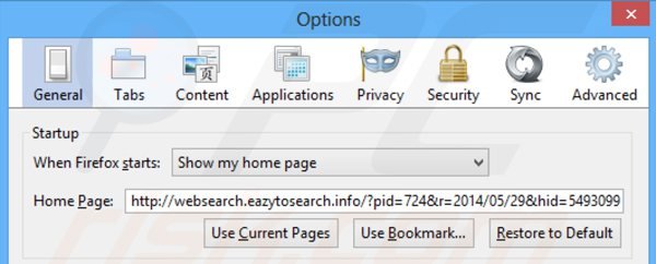 Eliminando websearch.eazytosearch.info de la página de inicio de Mozilla Firefox