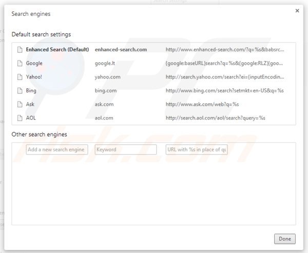 Eliminando enhanced-search.com del motor de búsqueda por defecto de Google Chrome